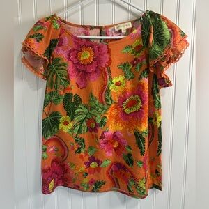 Cynthia Rowley Orange Floral Short-Sleeve Blouse with Pink & Green Accents
